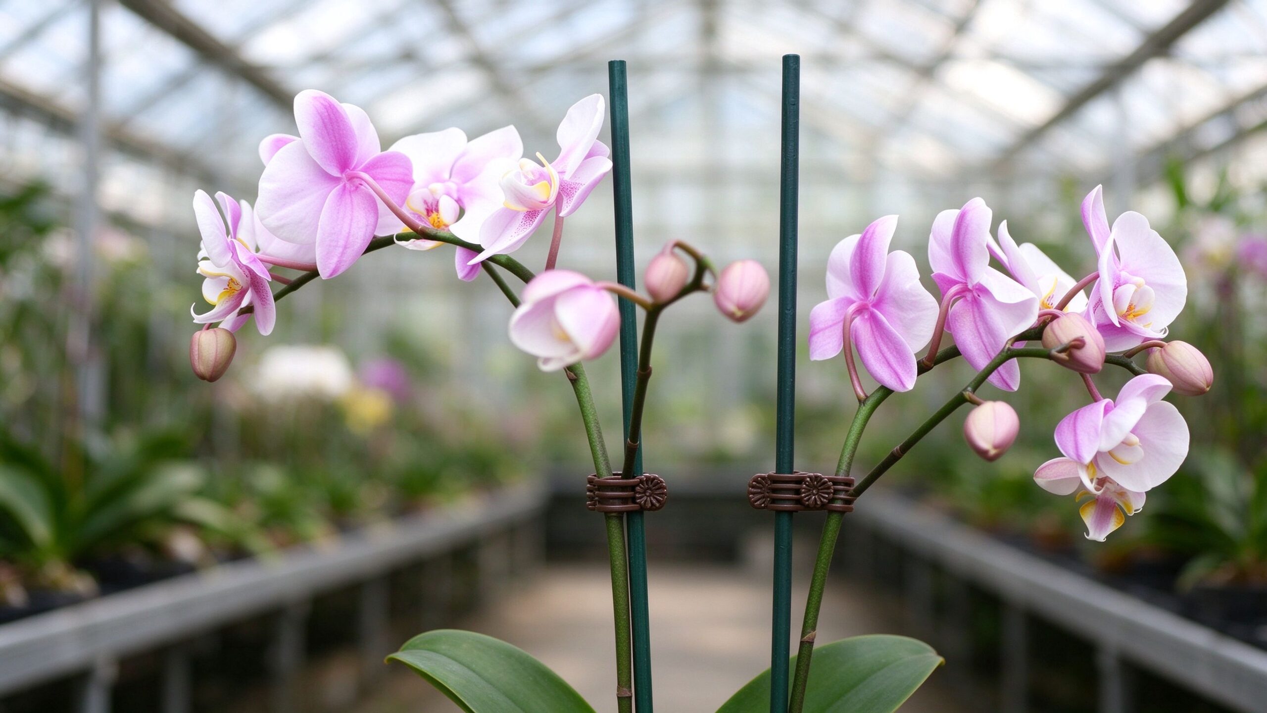 Orchid support clips fixed together with a bamboo stake in a commercial greenhouse