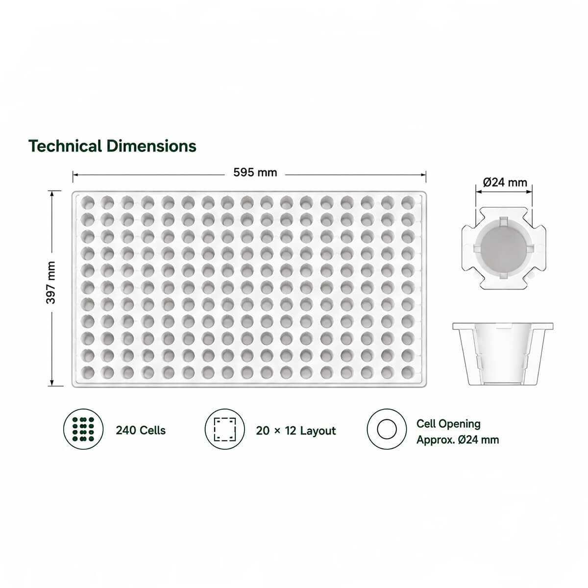 Grofine 240 cell EPS propagation tray technical dimensions - 595mm x 397mm, 20x12 layout, 24mm cell opening
