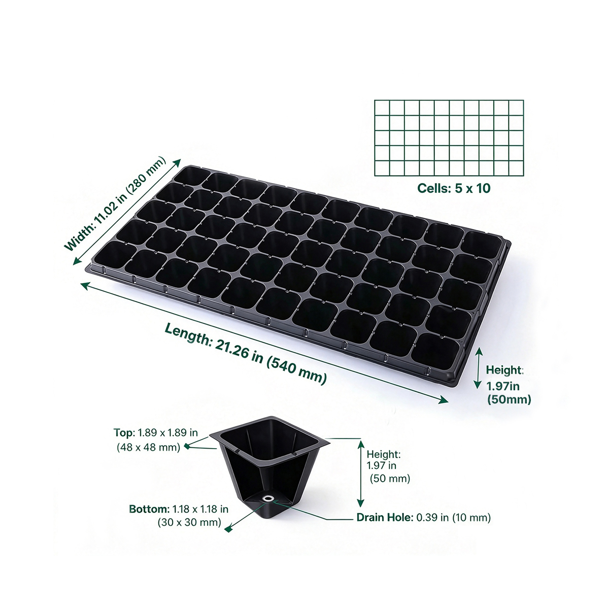 Grofine 50-cell propagation tray technical dimension specification drawing