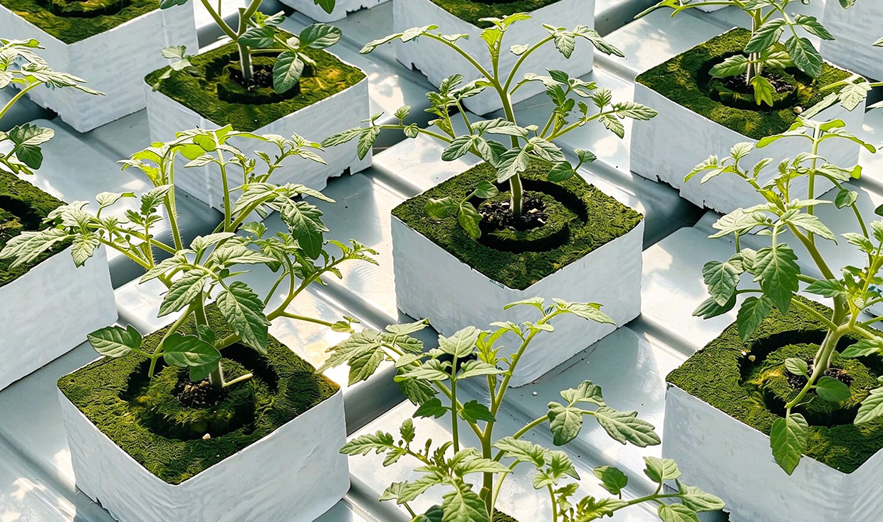 Grofine greenhouse tomato seedlings in rock wool blocks