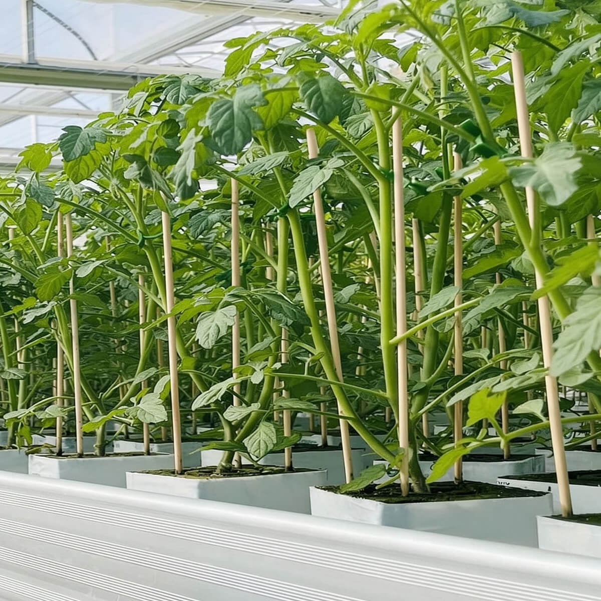 Grofine natural bamboo stakes - greenhouse scene, large scale cultivation