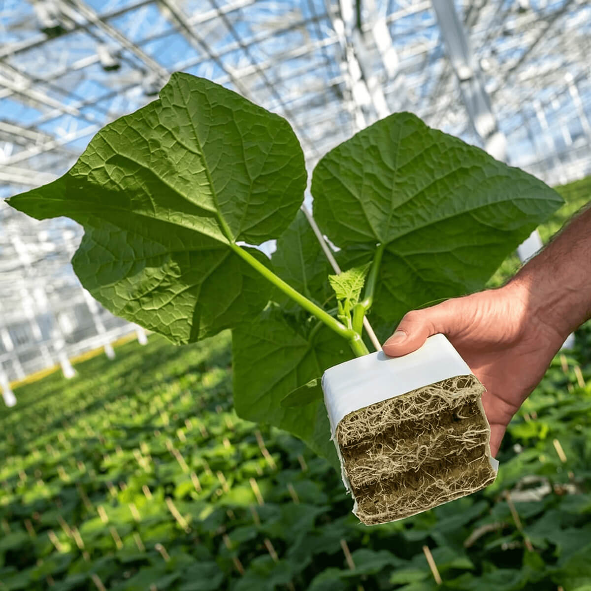 Hand holding rock wool growing block 100S showing root structure and healthy plant growth