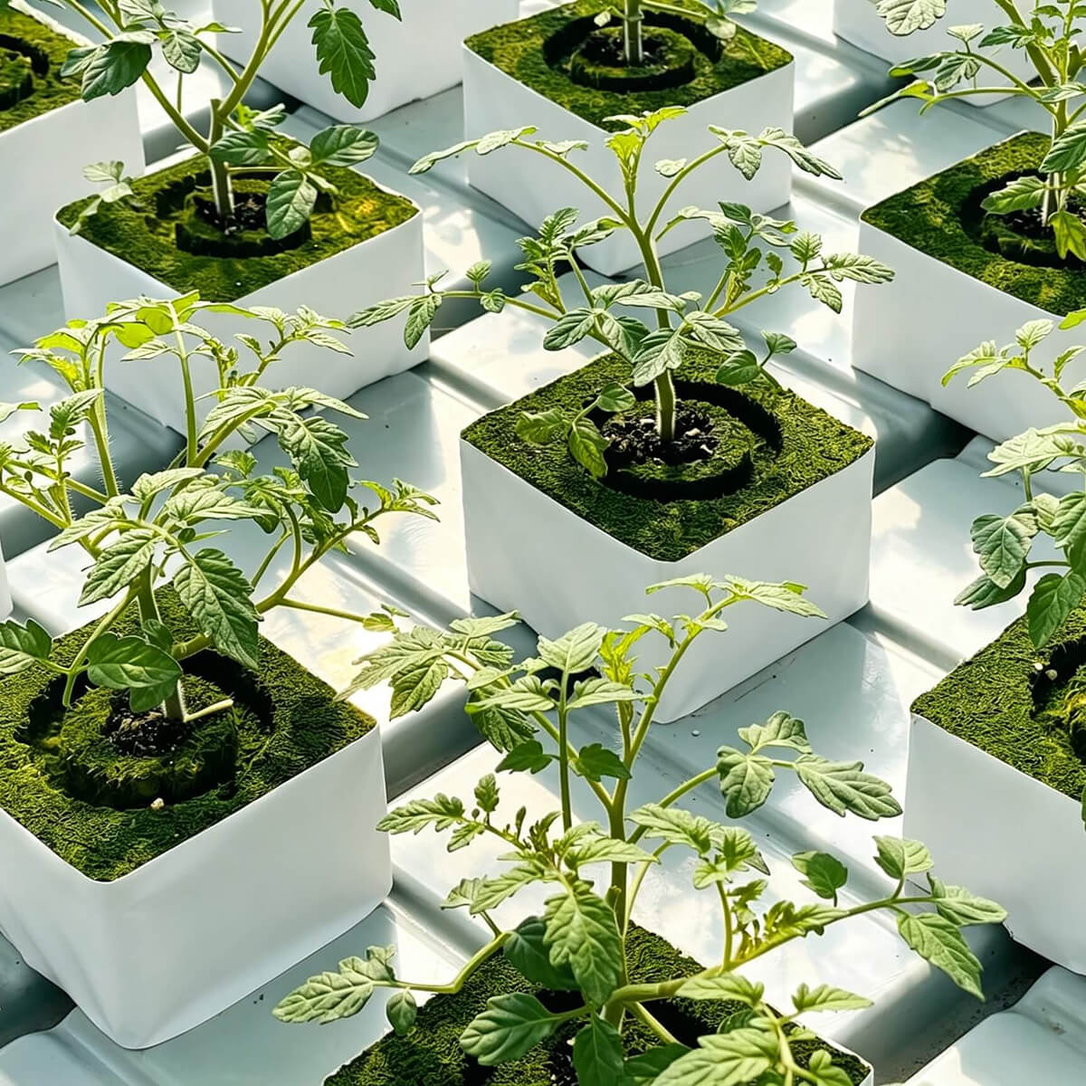 Rock wool growing block 100S with healthy seedlings growing on top, close-up view