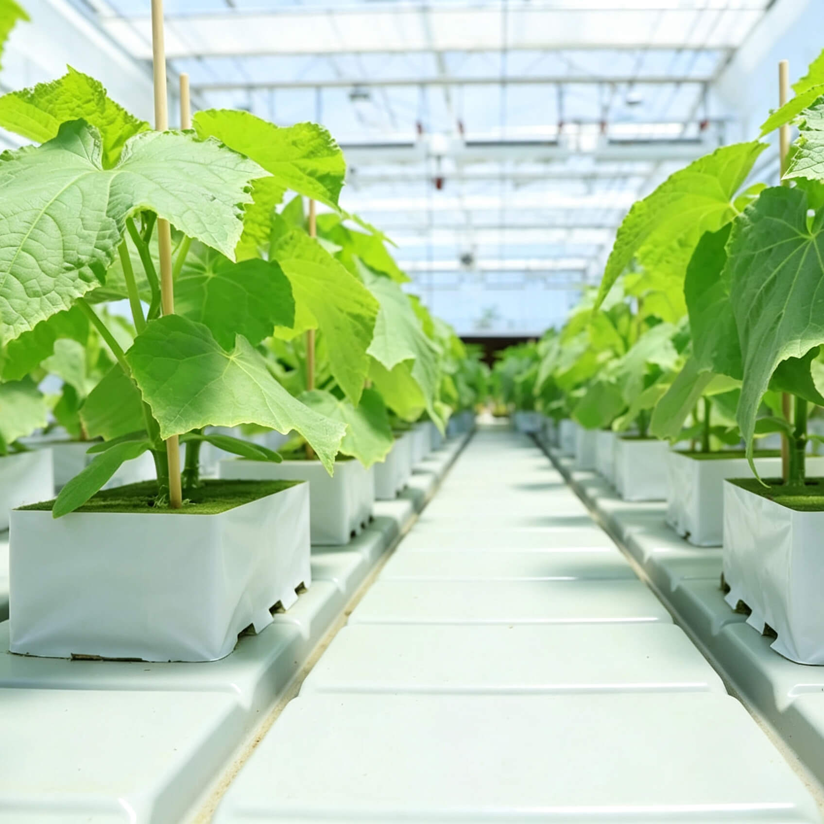 Commercial greenhouse with rows of rock wool growing blocks R150S for large-scale tomato and cucumber cultivation