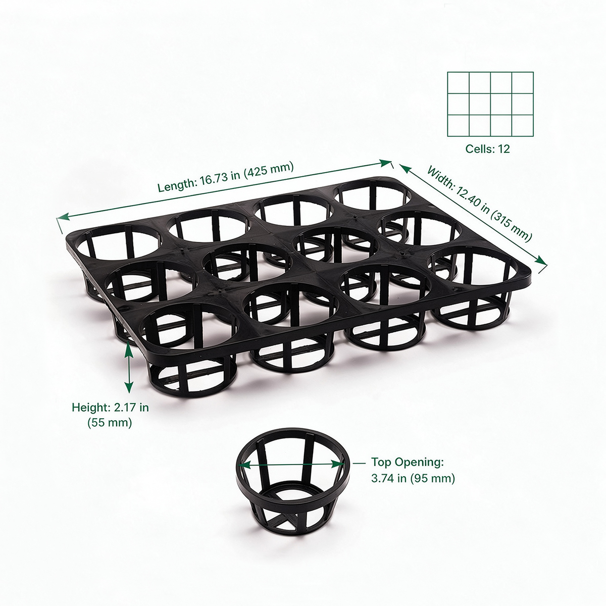 Grofine 12-cell orchid pot carrying tray dimension chart with inch and mm measurements