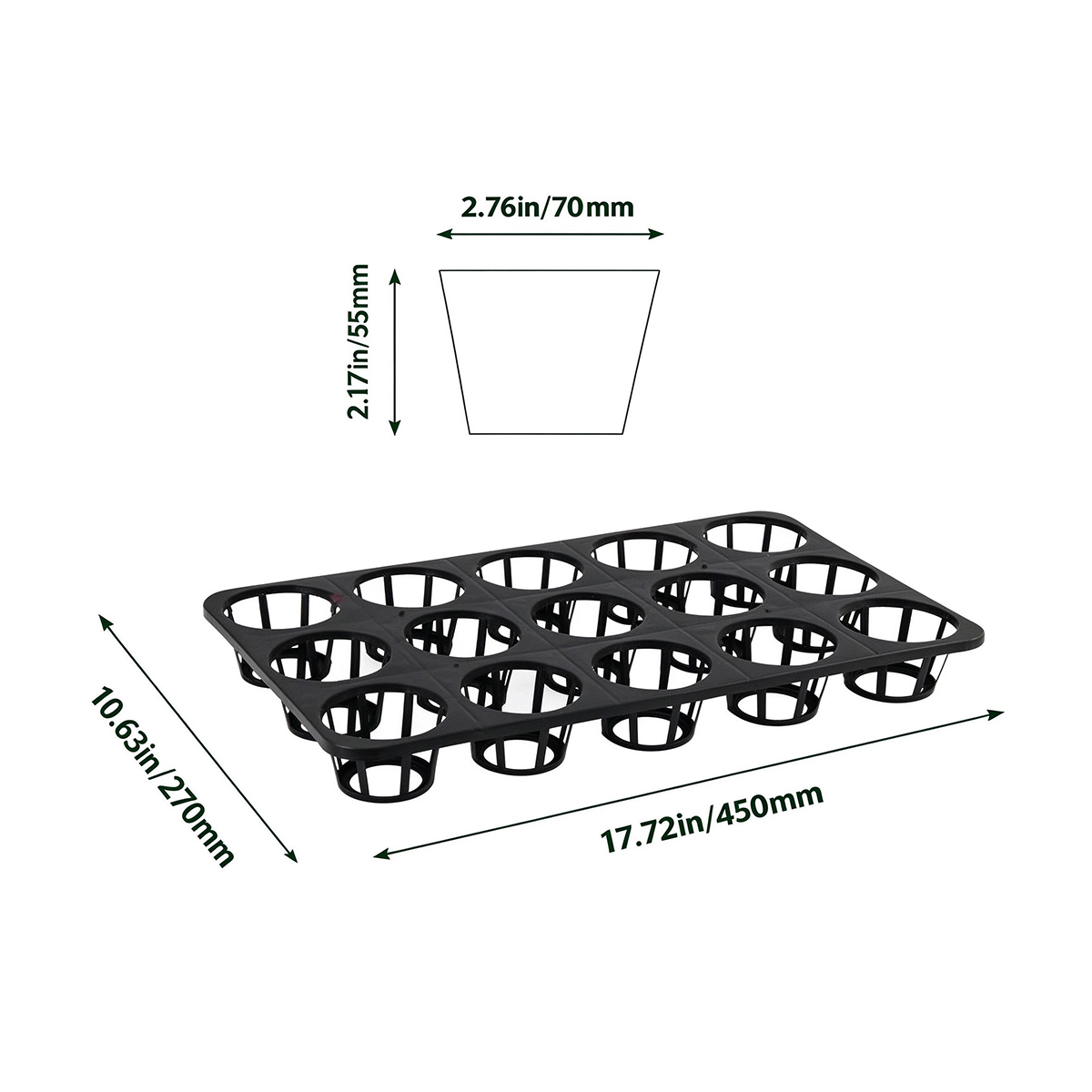 Grofine 15-cell orchid pot carrying tray technical dimension drawing
