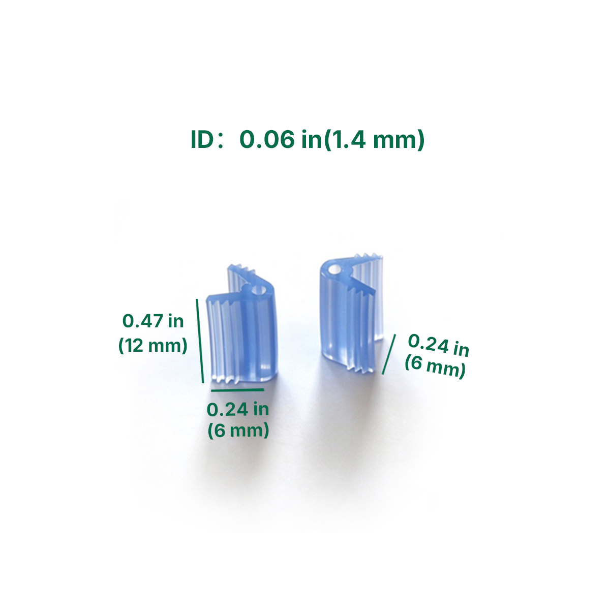 Size chart for 1.4mm inner diameter Grofine silicone grafting clips with inch and mm measurements