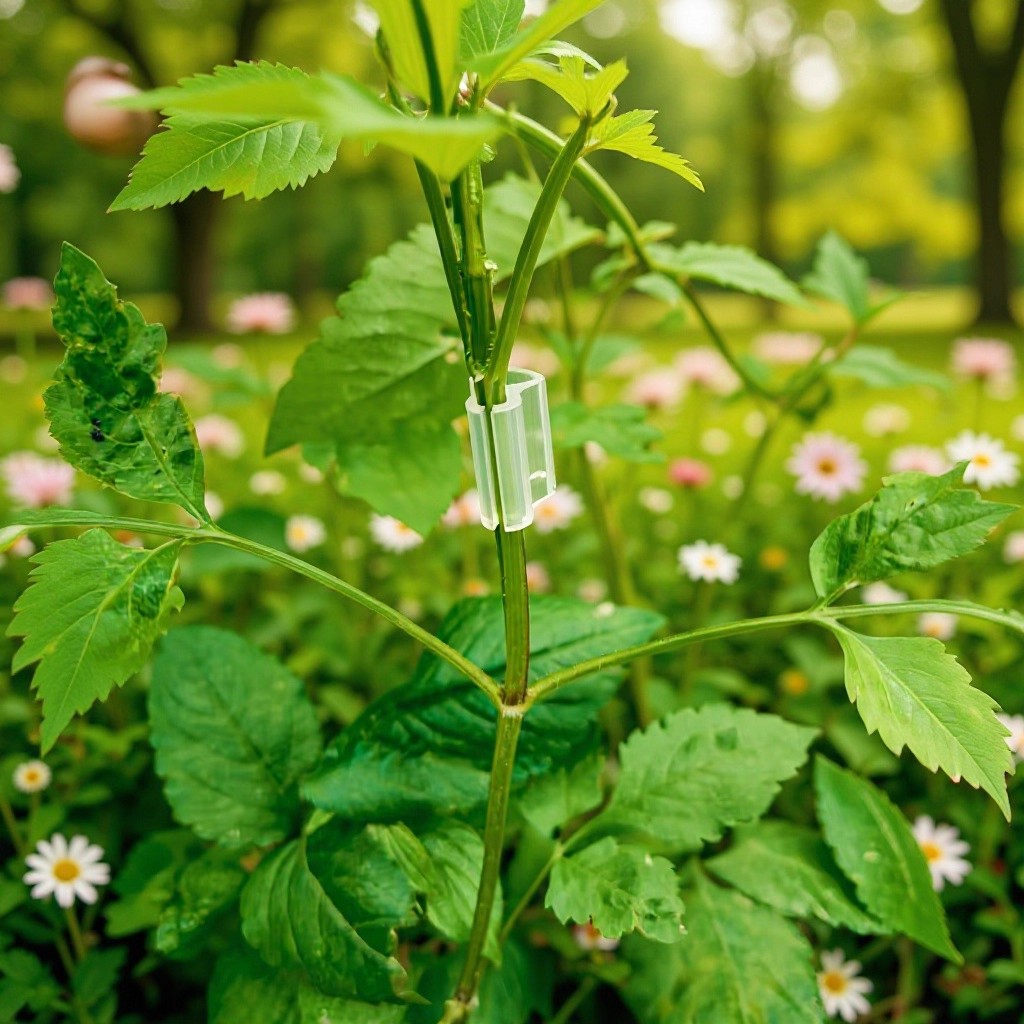1.5mm grafting clip securing grafted vegetable seedling stem in commercial greenhouse propagation