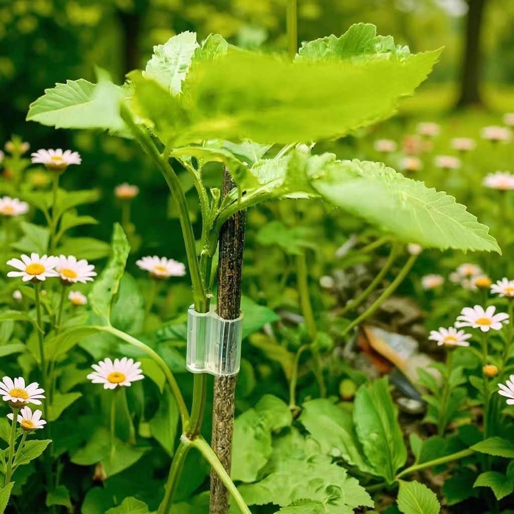 1.5mm silicone grafting clip securing grafted seedling to bamboo support stake for stable growth