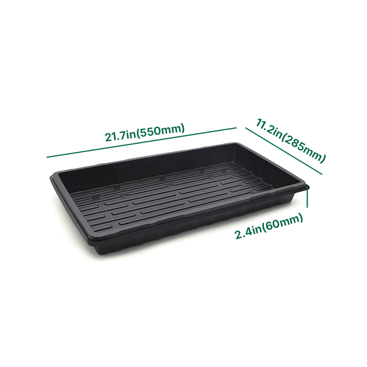 Grofine FT-550P plastic flat growing tray dimensions, 21.7 x 11.2 in (550 x 285 mm)