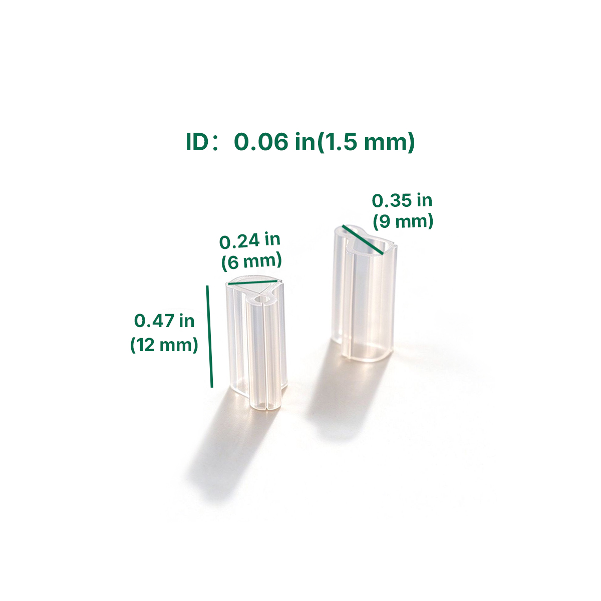 Size chart for 1.5mm inner diameter Grofine silicone grafting clips with inch and mm measurements